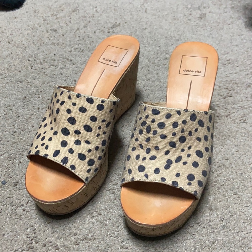 Dolce Vita Tan Beige Cork Wedge Slide Sandals with Black Spots